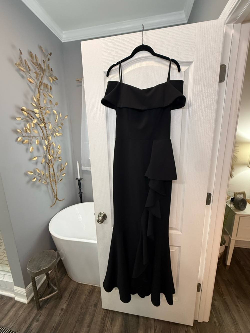 Betsy & Adam Women's Off the Shoulder Side Ruffle Gown